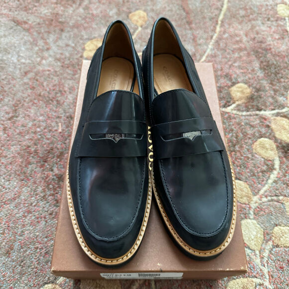 Coach Ida Black Brown Slip On Leather Loafers Heels Womens Size 9.5 M A7923 New - Picture 2 of 7